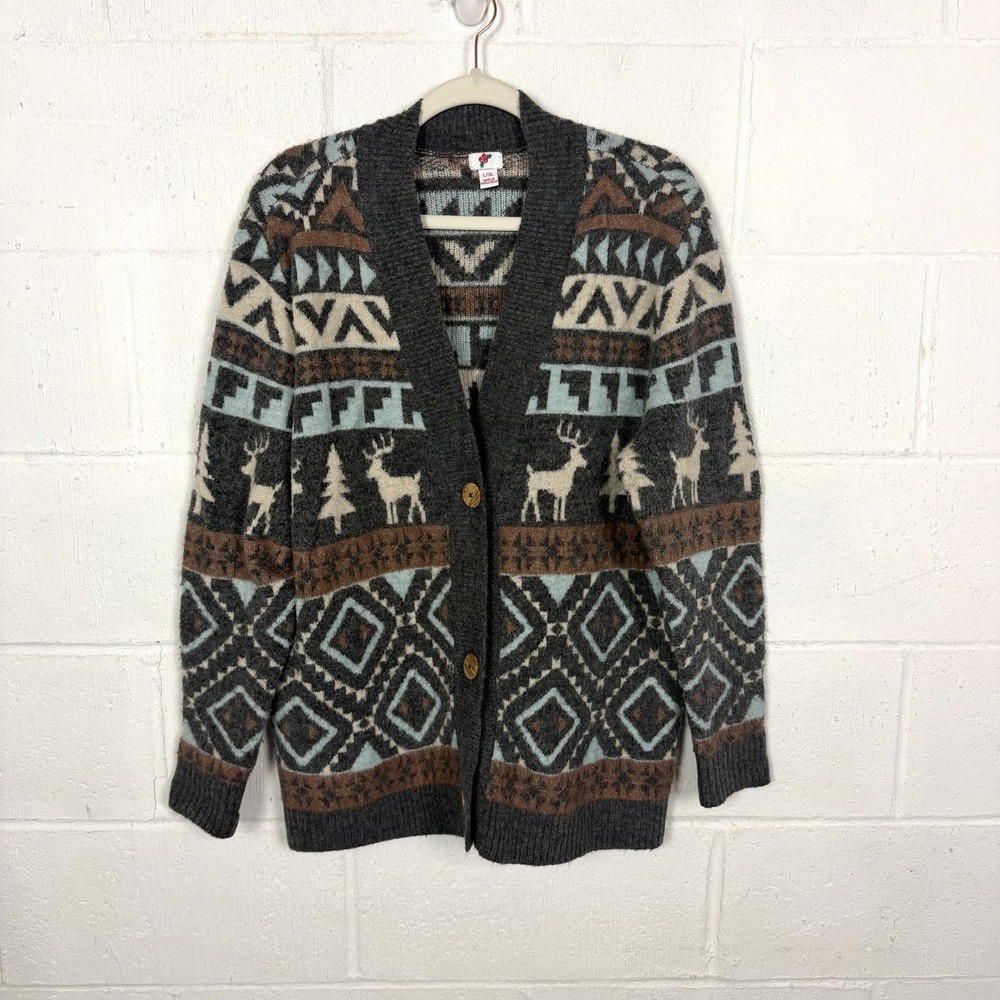 Fuzzy Winter Nordic V-Neck Cardigan SZ L/XL Trees Moose Cabin Soft Cozy Grandpa